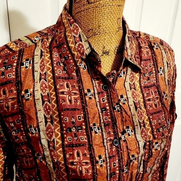 NWT Metro Express 100% Silk Brown Tribal Design Button Up Shirt Women's M Fall - Picture 4 of 10